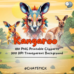 180 Kangaroo Digital Stickers Clipart Pack - High-Quality PNG Printable with Transparent Backgrounds for Scrapbooking & Crafts