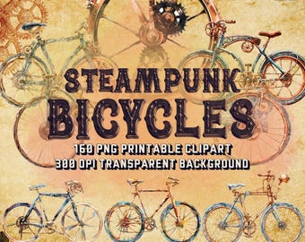 Steampunk Bicycles Digital Cliparts | 160 Victorian-Style Gears & Mechanical Bike PNGs 300 DPI Transparent Background