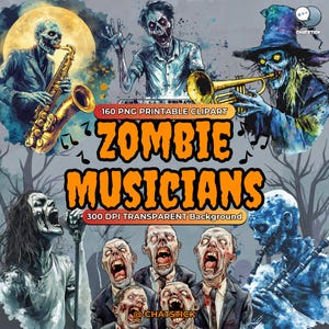 Bundel zombiemuzikant cliparts | 160 png-bestanden 300 dpi | Undead speelt gitaren, drums en meer | Griezelige Halloween-bandkunst