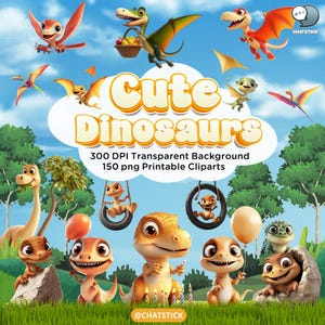 Niedliche Dinosaurier 3D Clipart - 150 bezaubernde prähistorische Kreaturen für Kinder, Scrapbooking, Einladungen und mehr - 300 DPI PNG