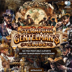 Steampunk Gentleman's Club Clipart | Vintage Lounge PNG-Bundle | 160 Designs, 3200x3200px, 300 DPI, transparenter Hintergrund