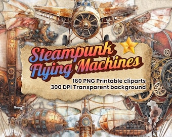 Steampunk Flying Machines Clipart | Vintage Airships, Retro Fantasy Flight PNGs for Crafts & Designs
