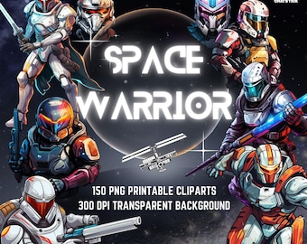 Space Warrior Digital Sticker Clipart Pack - 150 Sci-Fi Theme PNG Images with Transparent Background for Crafting & Design