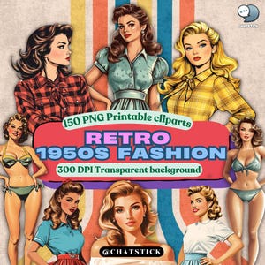 Imágenes prediseñadas digitales de moda de los años 50: 150 vestidos retro, adolescentes y mujeres jóvenes PNG para manualidades y álbumes de recortes