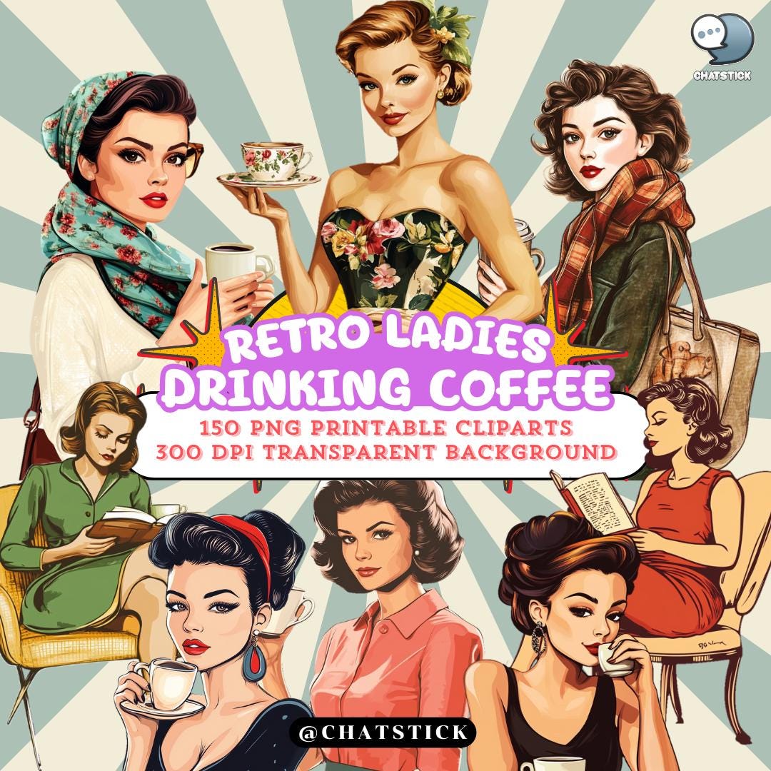 コーヒーを飲むレトロな女性のイラスト150点セット、帽子をかぶった