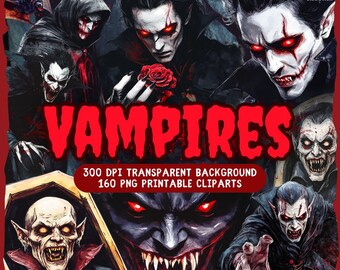 Könnte beinhalten: Ein Set mit 160 druckbaren Clipart-Bildern von Vampiren. Die Bilder zeigen verschiedene Vampire mit Zähnen, roten Augen und dunkler Kleidung. Die Bilder haben eine Auflösung von 300 DPI und einen transparenten Hintergrund. Der Text "Vampires" ist in roten Buchstaben und der Text "300 DPI Transparent Background 160 PNG Printable Clip Arts" ist in schwarzen Buchstaben. Der Text "@chatstick" ist in weißen Buchstaben.