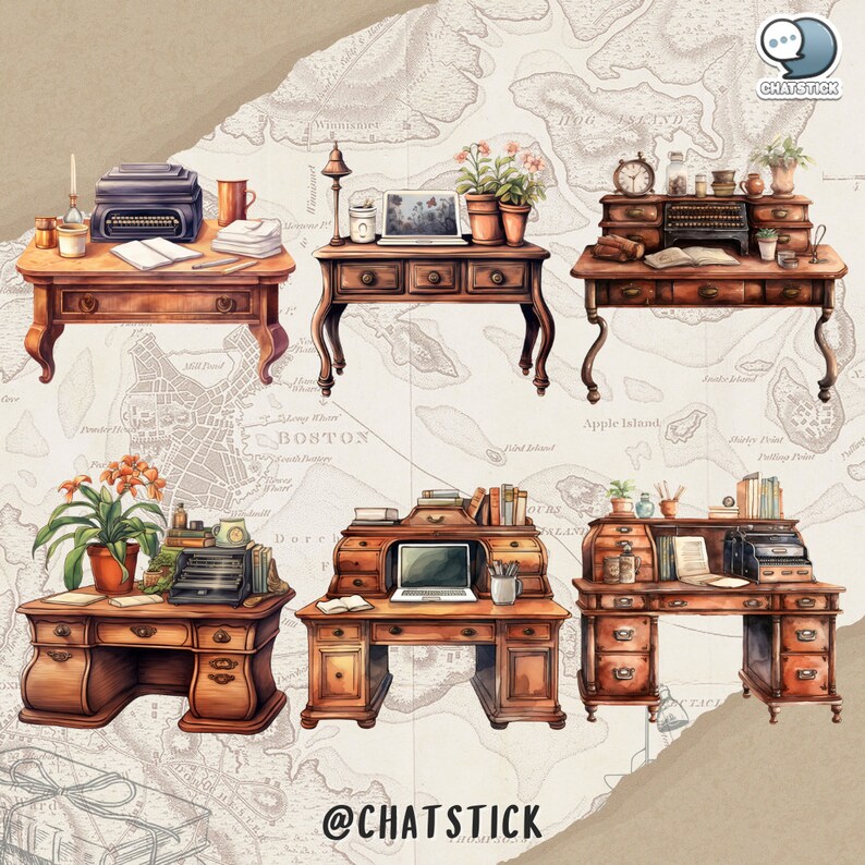 Victorian Work Desk Themed Watercolor Clipart Mega Pack - 150 PNGs, 3200x3200px, 300 DPI, Transparent Background by ChatStick Team