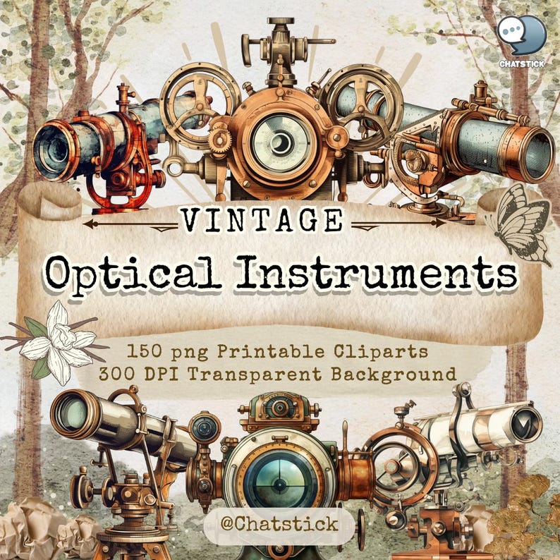 Vintage Optical Instruments Clipart - 150 PNG Images, 300 DPI High Resolution, Transparent Background for Creative Projects