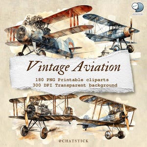 Pacchetto Clipart Aviazione Vintage - 180 PNG / 3200x3200px, 300 DPI / Stampabile, Sfondo Trasparente / Aerei Classici e Arte Aviazione