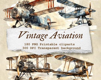 Vintage Aviation Clipart Pack - 180 PNGs | 3200x3200px, 300 DPI | Printable, Transparent Background | Classic Airplanes & Aviation Art