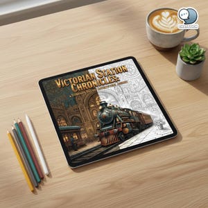 May include: A digital tablet displays the cover of "Victorian Station Chronicles," a steampunk railway architectural journey. The image features a detailed illustration of a vintage train and station. Colored pencils and a coffee cup with latte art are on a wooden surface.