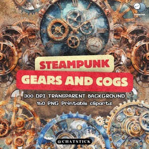 Może przedstawiać: Cyfrowy clipart przedstawiający steampunkowe koła zębate i tryby w odcieniach brązu, złota i niebieskiego. Obraz zawiera baner z tekstem "STEAMPUNK GEARS AND COGS" oraz szczegóły dotyczące rozdzielczości i typu pliku.