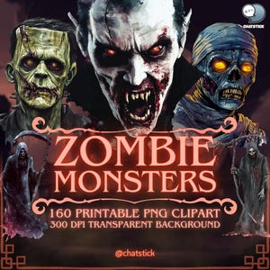 Zombie Monsters Clipart Pack - 160 Horror PNGs with Dracula, Frankenstein & More, Transparent Background, 300 DPI Digital Download