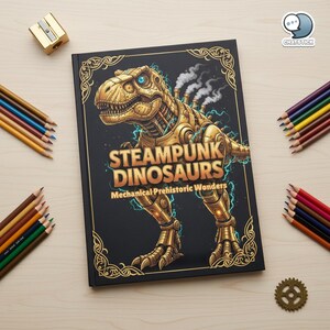 May include: A colouring book titled "Steampunk Dinosaurs: Mechanical Prehistoric Wonders" with a golden robotic T-Rex illustration. The book is surrounded by coloured pencils and a pencil sharpener on a light wooden surface.