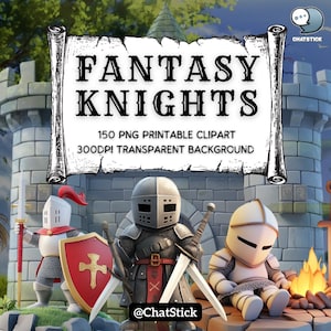 Fantasy Knights Clipart Bundle – 160 Digital PNGs – Medieval Warriors, Swords, Shields – Printable Transparent Background