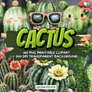 Bundle de cliparts cactus - 160 illustrations de succulentes aquarelles PNG, fond Transparent, téléchargement numérique 300 DPI
