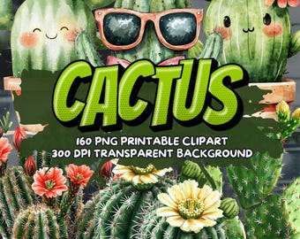 Cactus Clipart Bundle - 160 PNG Watercolor Succulent Illustrations, Transparent Background, 300 DPI Digital Download