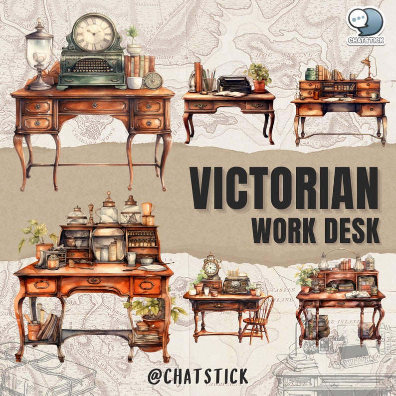 Victorian Work Desk Themed Watercolor Clipart Mega Pack - 150 PNGs, 3200x3200px, 300 DPI, Transparent Background by ChatStick Team