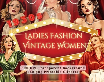 1930s Ladies Fashion Clipart Bundle | Vintage Women Faces, Retro 30s Style PNG Ephemera for Junk Journals & Crafts