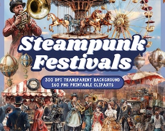 Clipart del festival Steampunk - 160 PNG di arte di fiera vittoriana e carnevale digitale, illustrazioni di oggetti di scena vintage per progetti creativi
