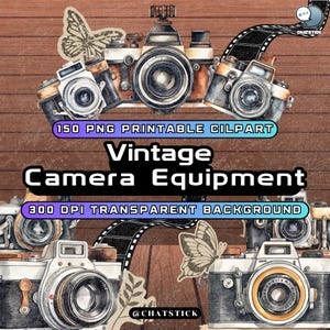 Pack de cliparts pour appareils photo vintage - 80 images PNG haute résolution d'appareils photo rétro et d'accessoires avec un arrière-plan transparent