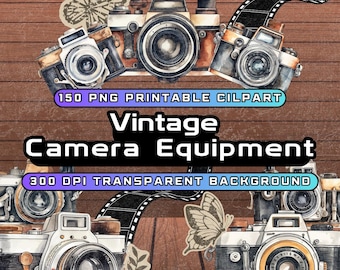 May include: A set of 150 vintage camera equipment clipart images. The images are in PNG format and have a transparent background. The images are 300 DPI and are perfect for use in digital scrapbooking, card making, and other craft projects.