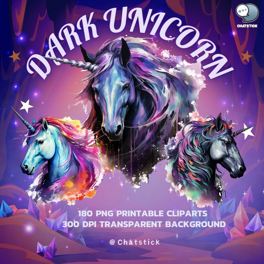 Dark Unicorns Watercolor Clipart Mega Pack - 180 PNG, 3200x3200 ...