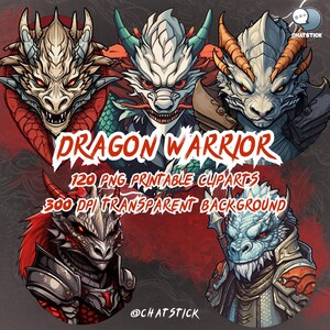 Dragon Warrior Digital Sticker Clipart Pack - 120 PNG Printable Designs with Transparent Background, Cute Fantasy Art