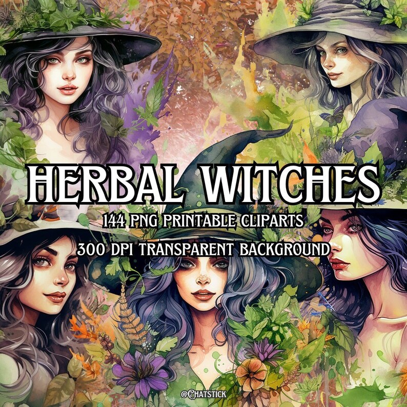 Herbal Witches Watercolor Clipart Pack 144 Png Printable Cliparts With