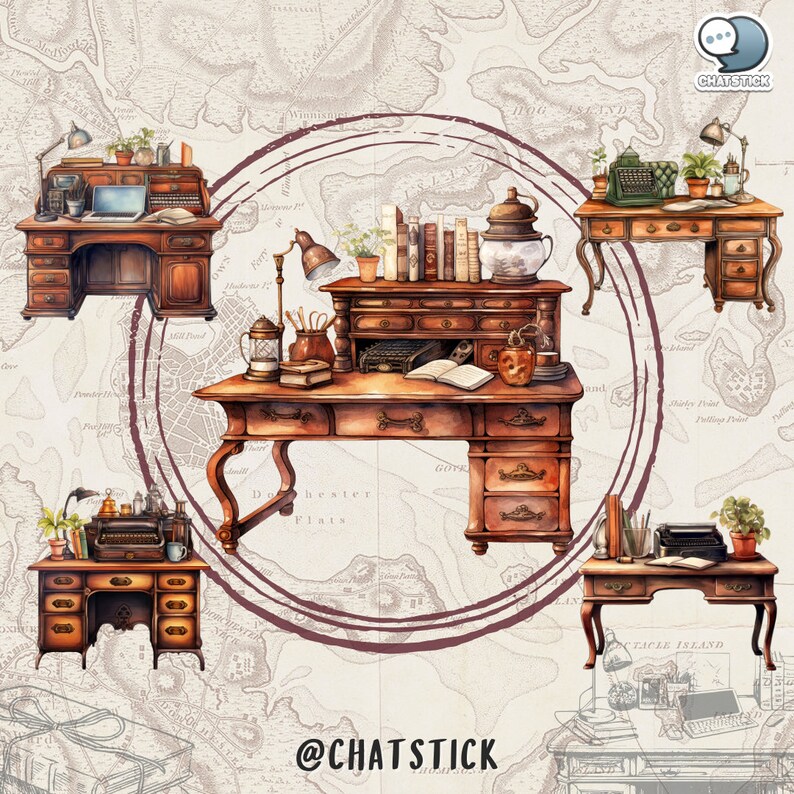Victorian Work Desk Themed Watercolor Clipart Mega Pack - 150 PNGs, 3200x3200px, 300 DPI, Transparent Background by ChatStick Team