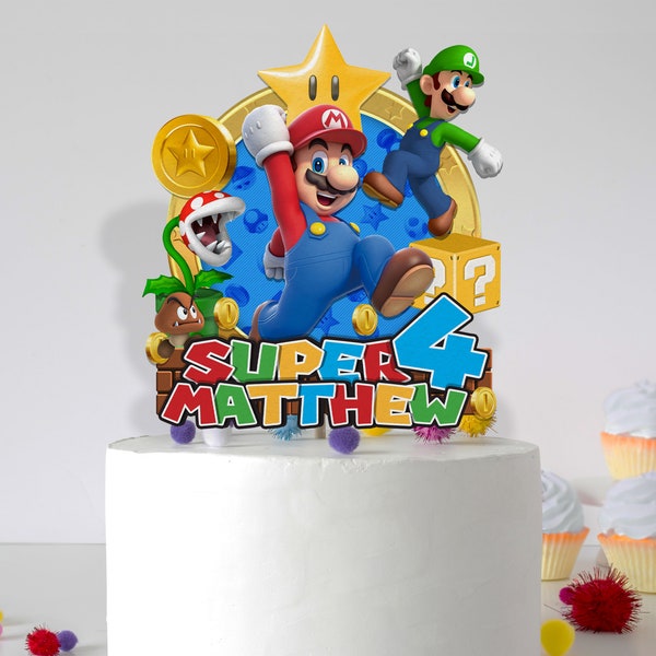 Décoration numérique et imprimable pour gâteau d'anniversaire de Mario | Décoration de gâteau Mario personnalisée | Super décoration de gâteau pour une fête à thème Mario Kids