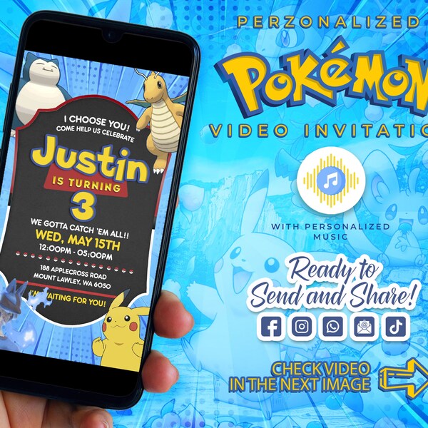 Video Invitation Poke Birthday Party | Custom Personalized Pika Video Invitation | Video Invitation Mon Party Theme