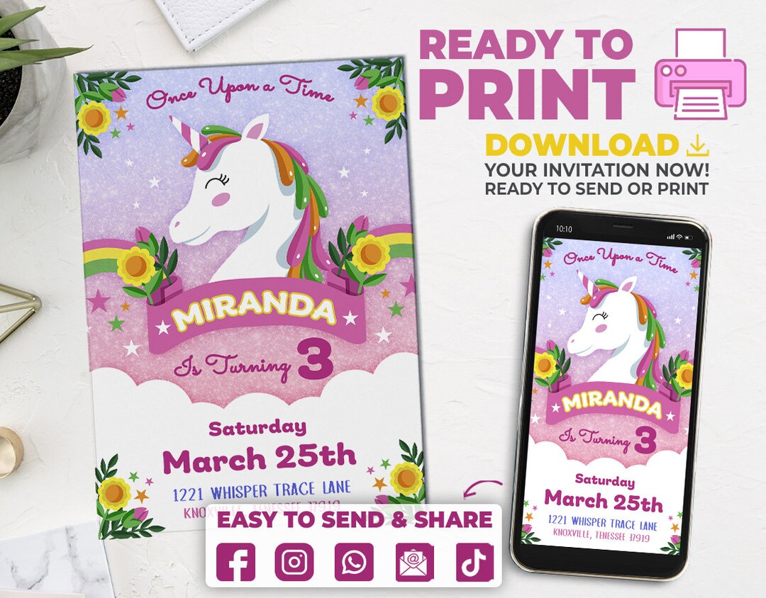 Digital & Printable Birthday Unicorn Party Invitation Custom ...
