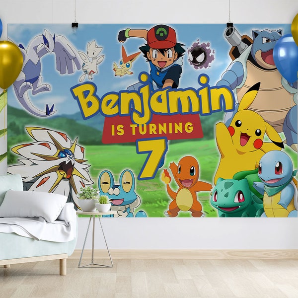 Poke Backdrop Birthday Party | Personalizable Pika Birthday Backdrop | Backdrop for theme Party Mon Kids