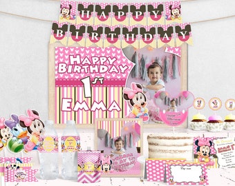 Baby Minnie Party Bundle, druckbare benutzerdefinierte Minnie Geburtstagspaket, Geburtstagspaket 1. Jahr Paket, Einladungen, Banner, Hintergrund, Etiketten und mehr!