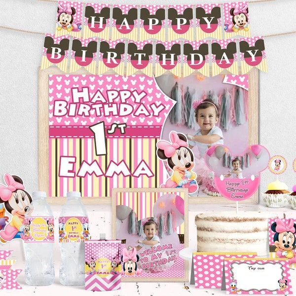 Baby Minnie Party Bundle, Printable Custom Minnie Birthday Pack,Birthday Bundle 1st year Pack,Invitations,banner,backdrop,labels and more!