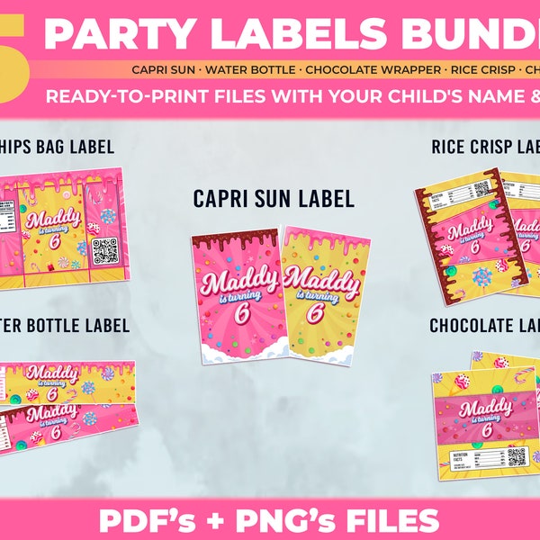 Candyland Printable Birthday Party Labels | Custom Personalized Girl Candyland Party Labels | Snacks Labels for theme Sweet Party
