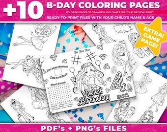 Printable Birthday Bar bie Coloring Pages | Custom Personalized Girly Coloring Pages | Birthday Game for theme Girl Bar bie Party