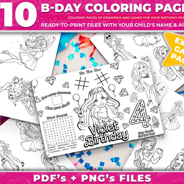 Printable Birthday Bar bie Coloring Pages | Custom Personalized Girly Coloring Pages | Birthday Game for theme Girl Bar bie Party