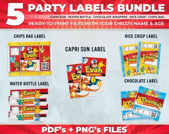 Poke Printable Birthday Party Labels | Custom Personalized Pika Party Labels | Snacks Labels for theme Mon Party