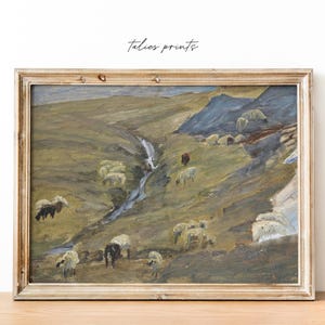 Physical print of antique vintage green landscape of sheep grazing on hill mountain with river, countryside landscape oil painting print