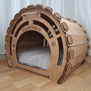 Casa para gatos con cojín y soporte para comida / Muebles para gatos / Muebles modernos para mascotas / Muebles personalizados para gatos / Casa de madera para mascotas / Regalo para amantes de los gatos