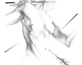 Pinned - Black and White Body Print 30x30cm, Hand Drawn Line Illustration, Dotwork Ink