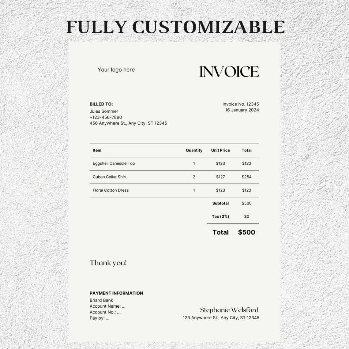 Invoice Template Modern Invoice Aesthetic Invoice Customizable Invoice