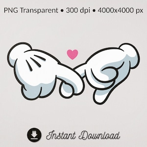 Peut inclure: Deux mains de dessin animé avec des contours noirs et des gants blancs se tiennent le petit doigt. Un petit cœur rose est au-dessus des mains.