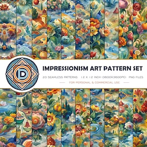 Puede incluir: Un conjunto de 20 patrones digitales sin costuras que presentan obras de arte impresionistas. Los patrones miden 30,5 cm por 30,5 cm y están disponibles como archivos PNG. Los patrones presentan una variedad de colores y diseños, incluyendo flores, paisajes y formas abstractas. Los patrones son perfectos para usar en una variedad de proyectos creativos, como el scrapbooking, la elaboración de tarjetas y el diseño digital.