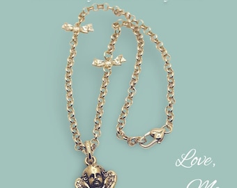 Cherub Charm Necklace, Bow Accents, Gold Filled Rolo Chain