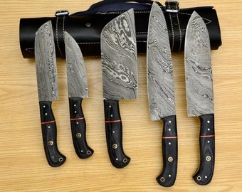 Custom Hand Forged Damascus Chef Set of 5pcs with Leather Cover ,Kitchen Knife,Damascus Knife Set,Kitchen Knives Set, Gift's For Her, Gifts