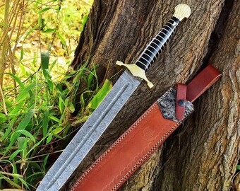 Custom Handmade Damascus Steel Battle Ready Mini Sword With Leather Sheath, Viking Sword, Damascus Sword, Personalized Gifts, Gifts For Men