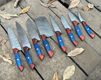 Cuchillos de chef de acero de Damasco forjados a mano de 8 piezas con bolsa de cuero, cuchillos de cocina, cuchillos forjados, regalos para cuchillos, regalos de Año Nuevo, regalo.
